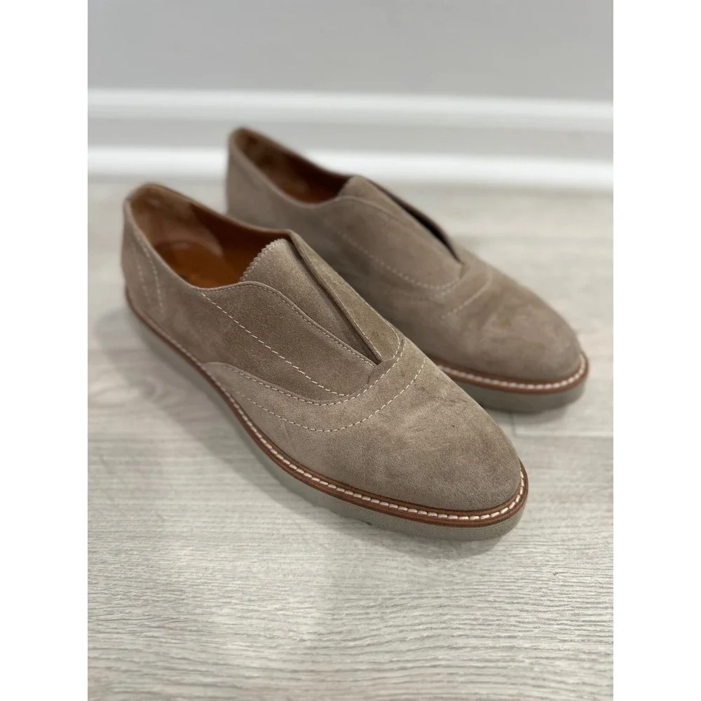 Aquatalia Kaleigh Taupe Suede Slip On Oxford Loafers Shoes Womens 8.5 Leather